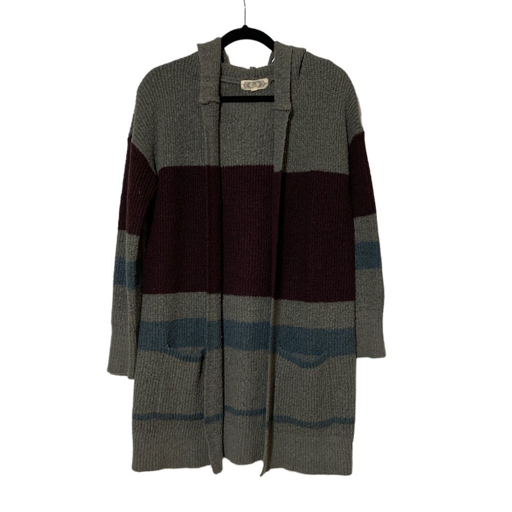 Pink Rose Striped Hooded Knit Cardigan in Olive, Burgundy & Teal